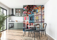 Open dining room featuring Vintage Alsace Wall Mural with charming streetfront tones