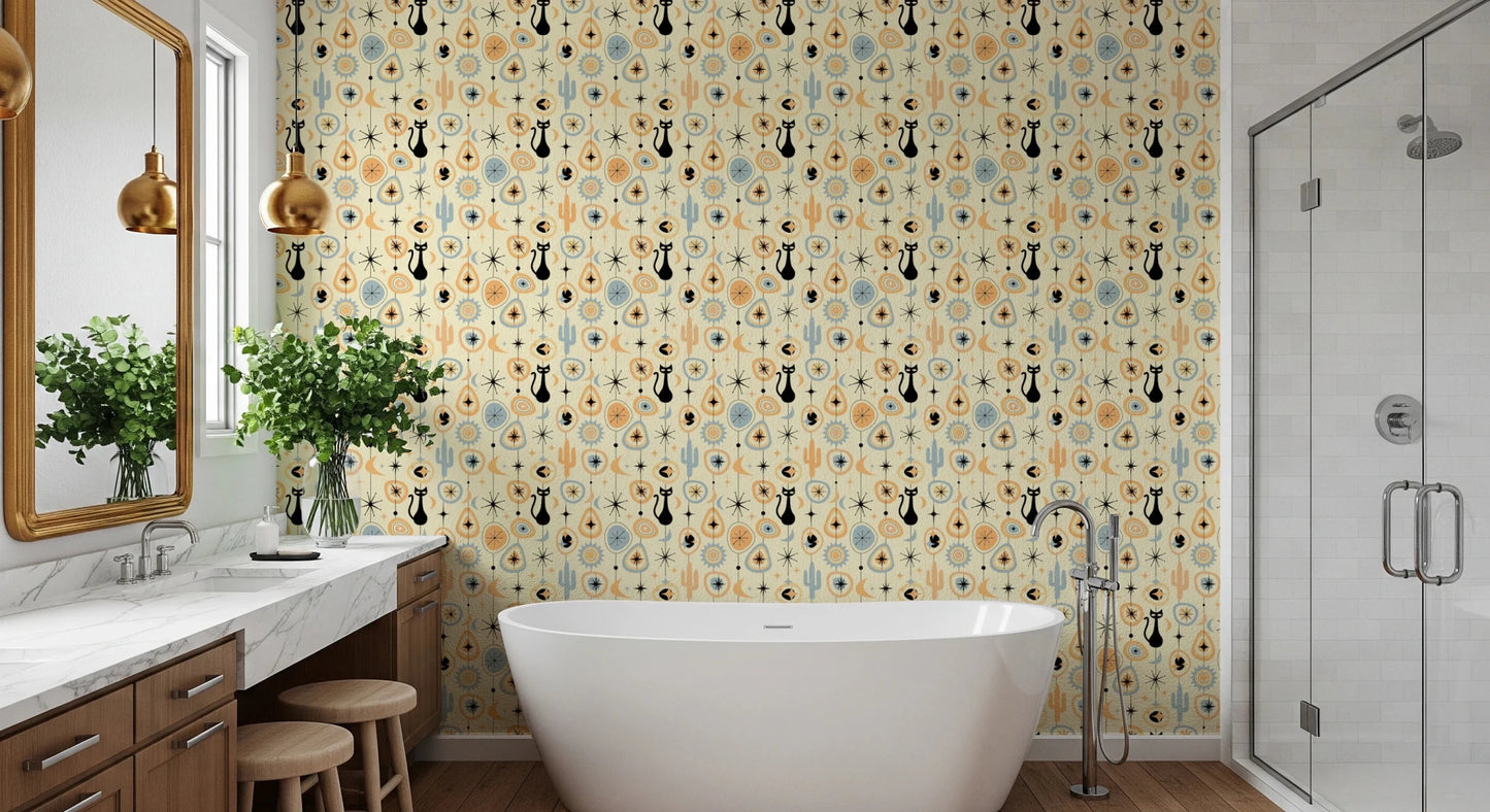 Retro desert icons across Desert Night Wallpaper in soft pastel tones, GD8562