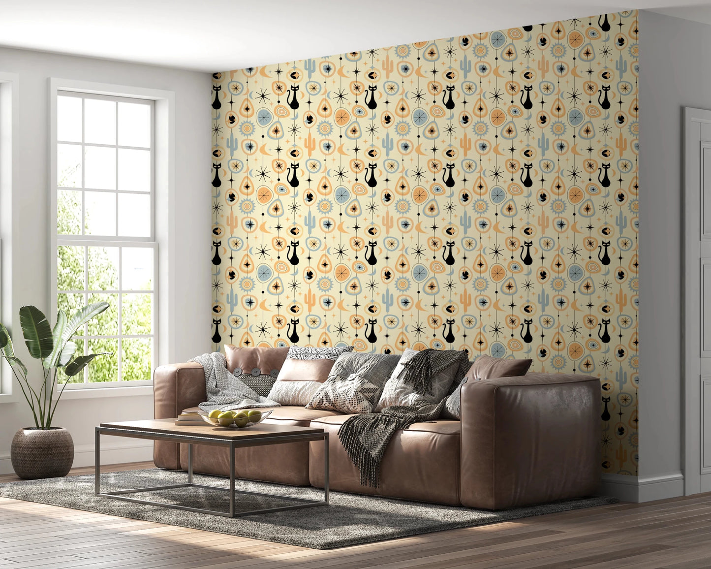 Mid-century cat print on Vintage Atomic Wallpaper with starburst forms, GD8562