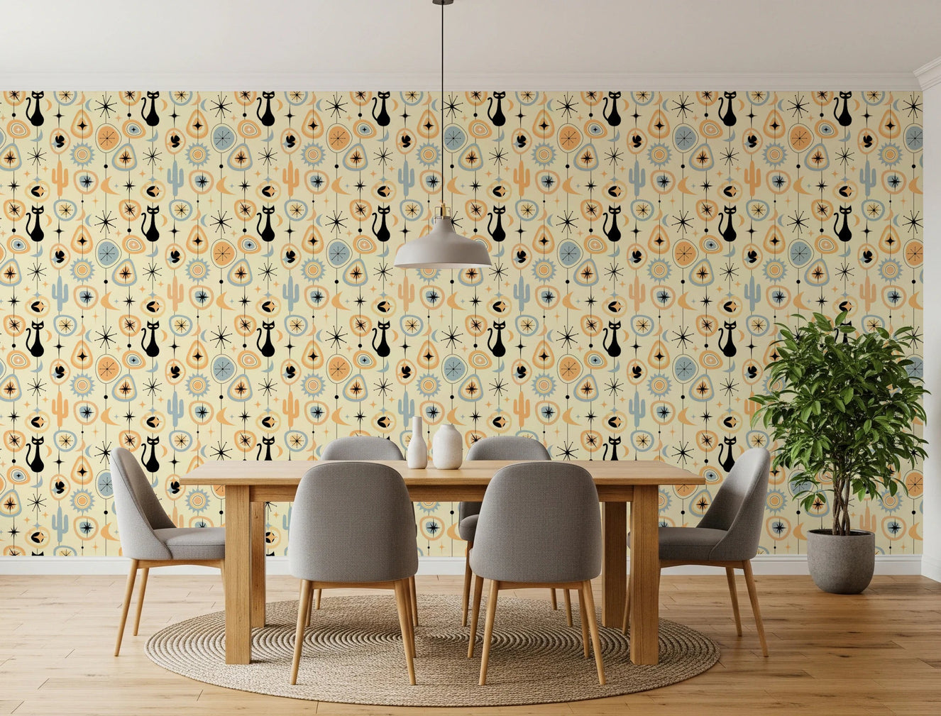 Dining room with Vintage Atomic Night Wallpaper in retro desert pattern