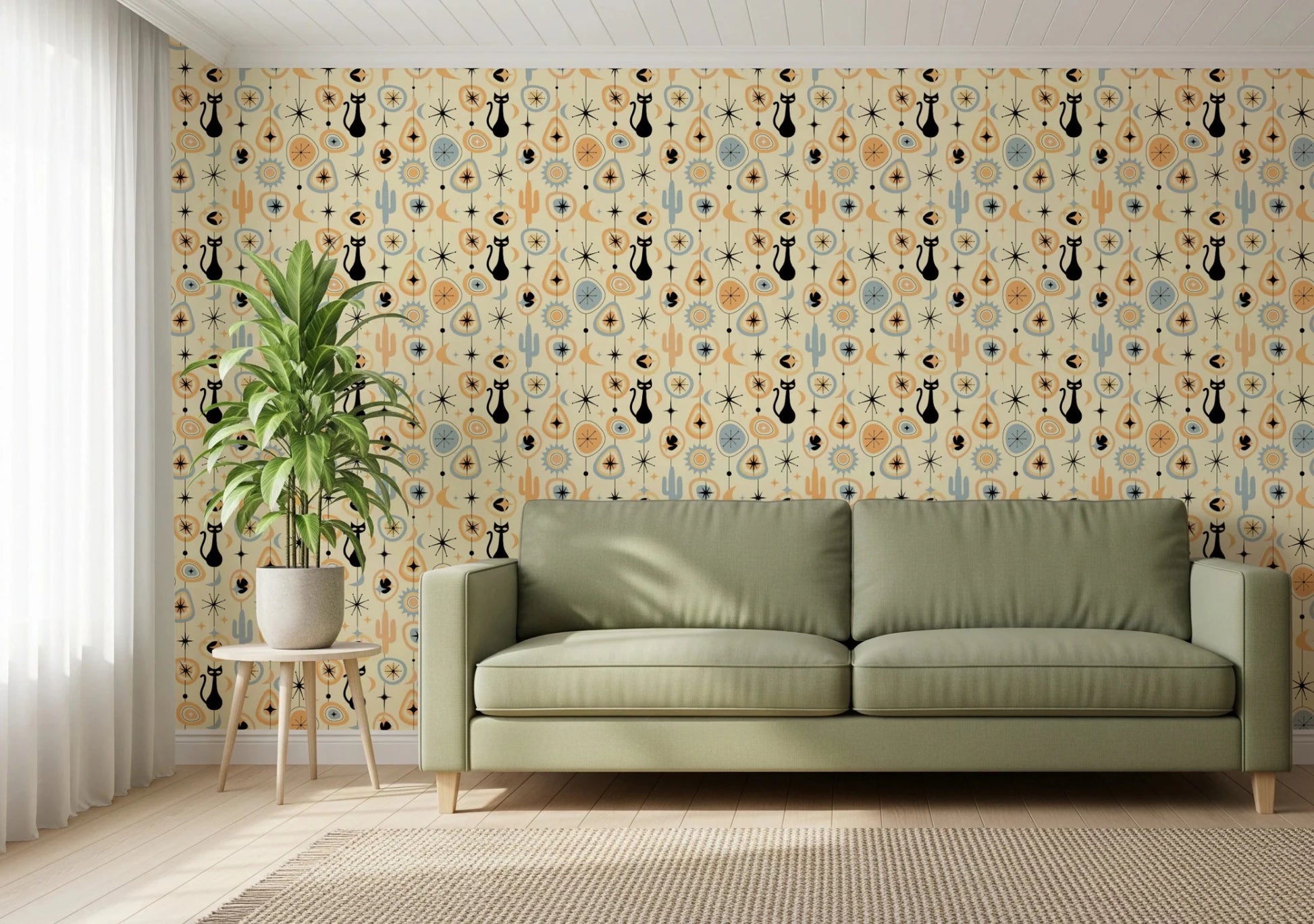 Black cat silhouettes on Atomic Desert Wallpaper with crescent moons, GD8562