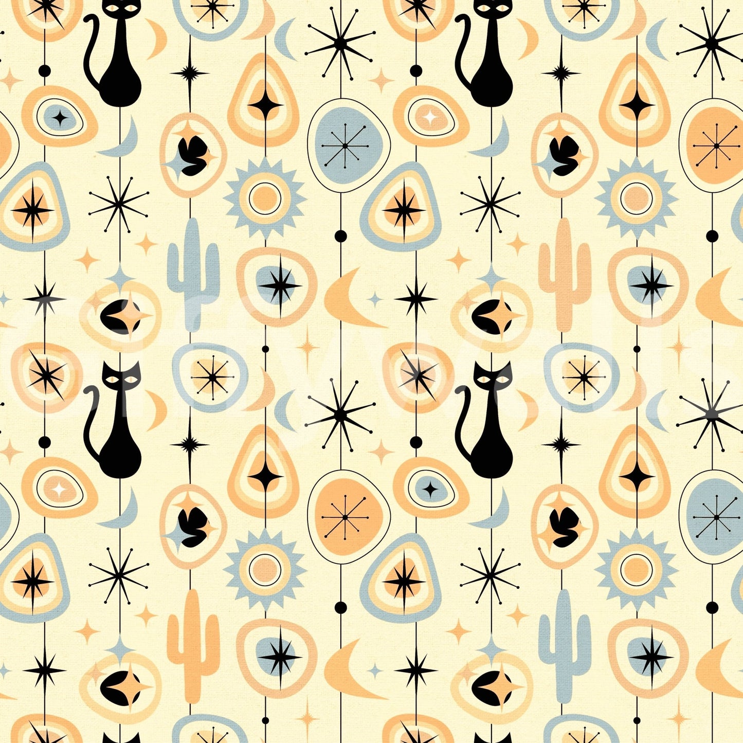 Atomic starbursts and cats on Atomic Desert Wallpaper cream background, GD8562