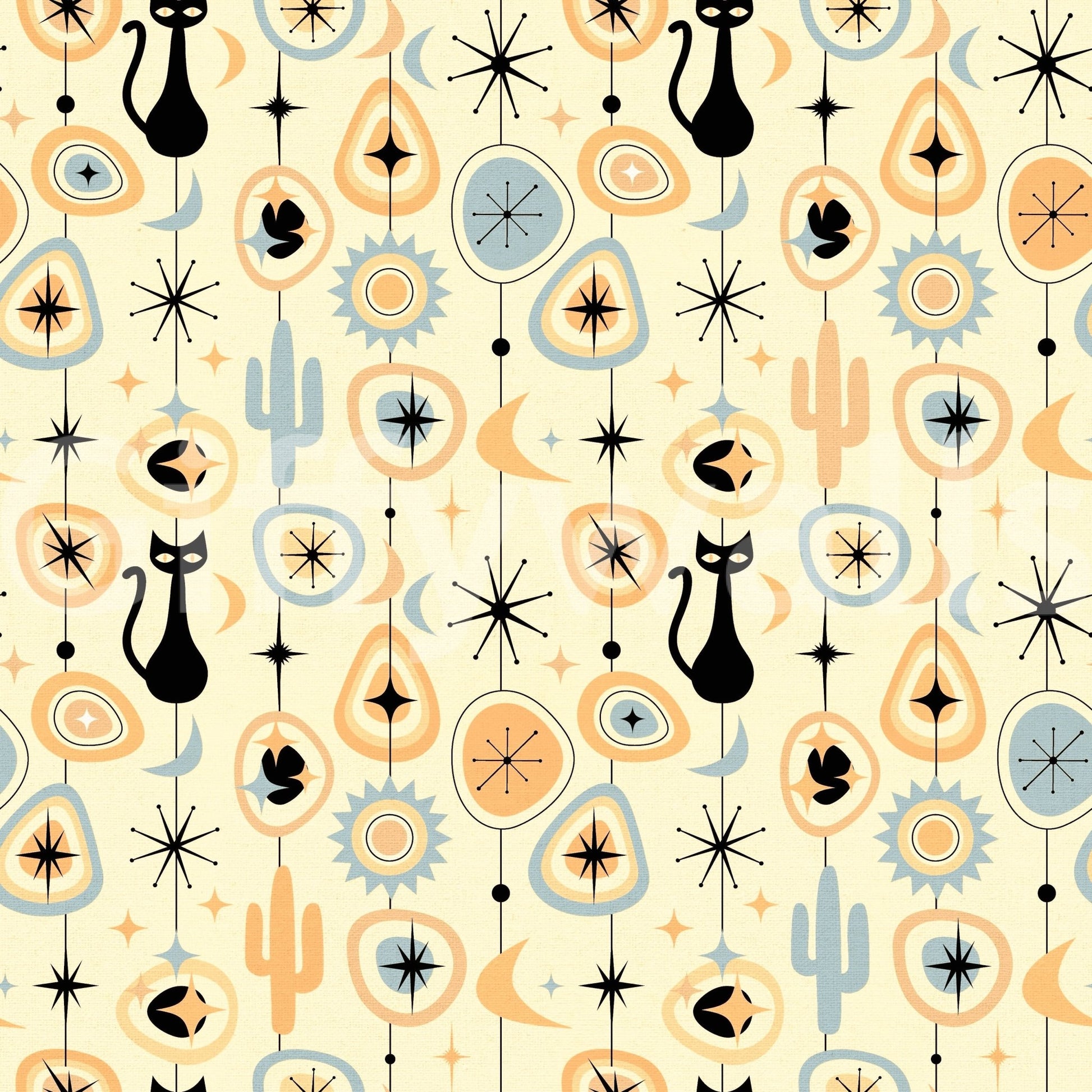 Atomic starbursts and cats on Atomic Desert Wallpaper cream background, GD8562