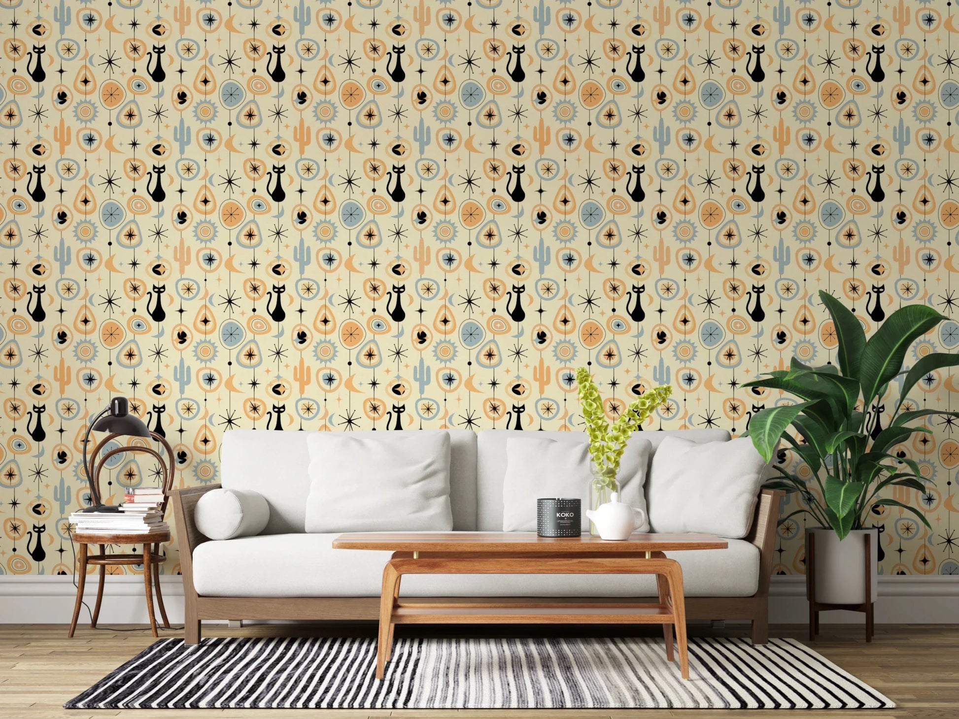 Study room with Atomic Night Wallpaper in retro cactus design, GD8562