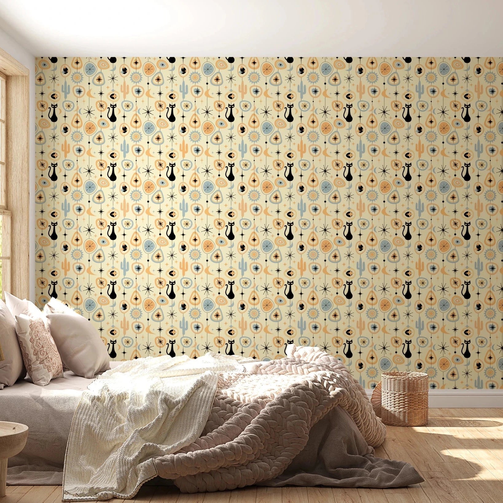 Bedroom styled using Atomic Desert Wallpaper with black cat motifs, GD8562