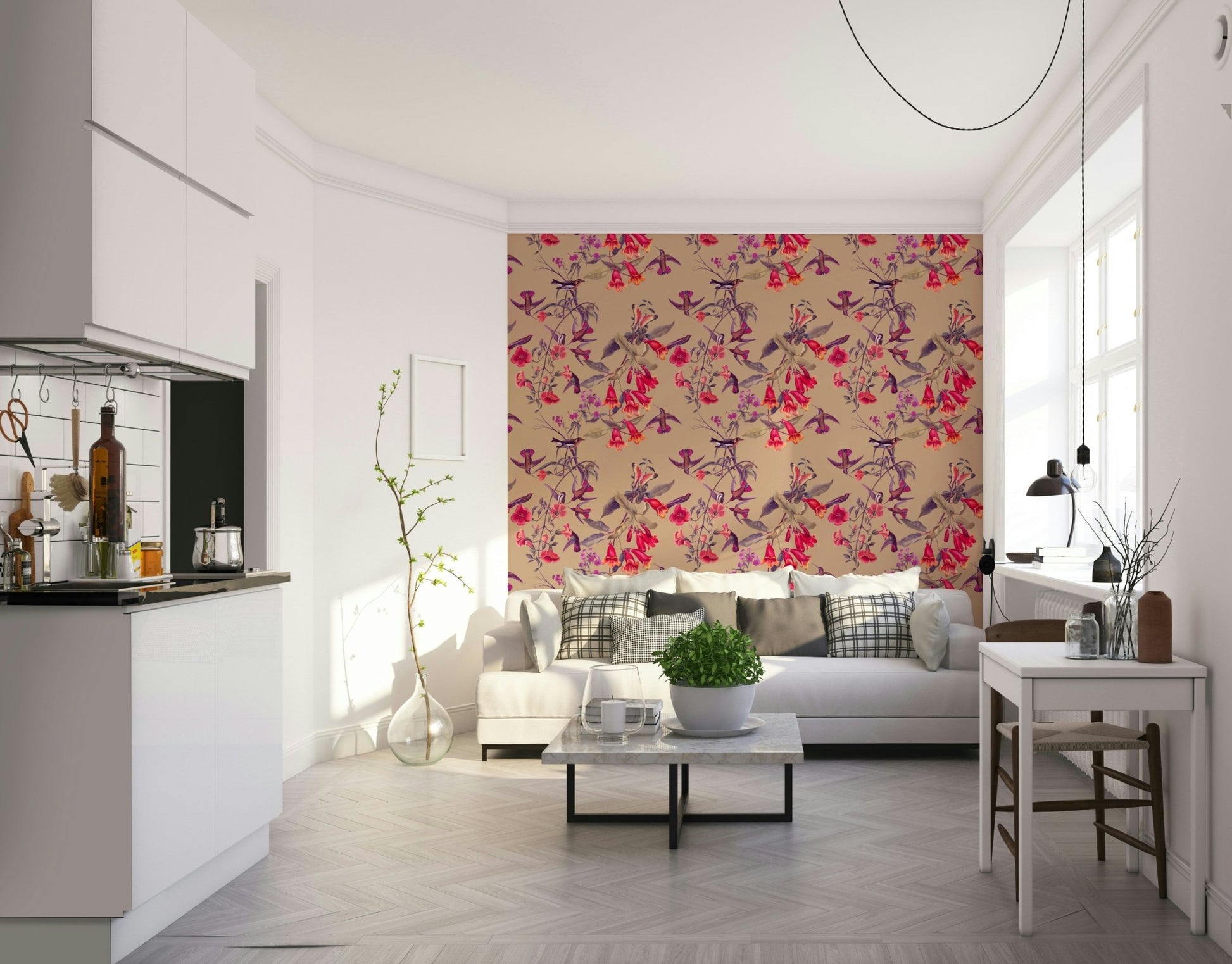 A peaceful botanical aviary mural on decorative wallpaper.

