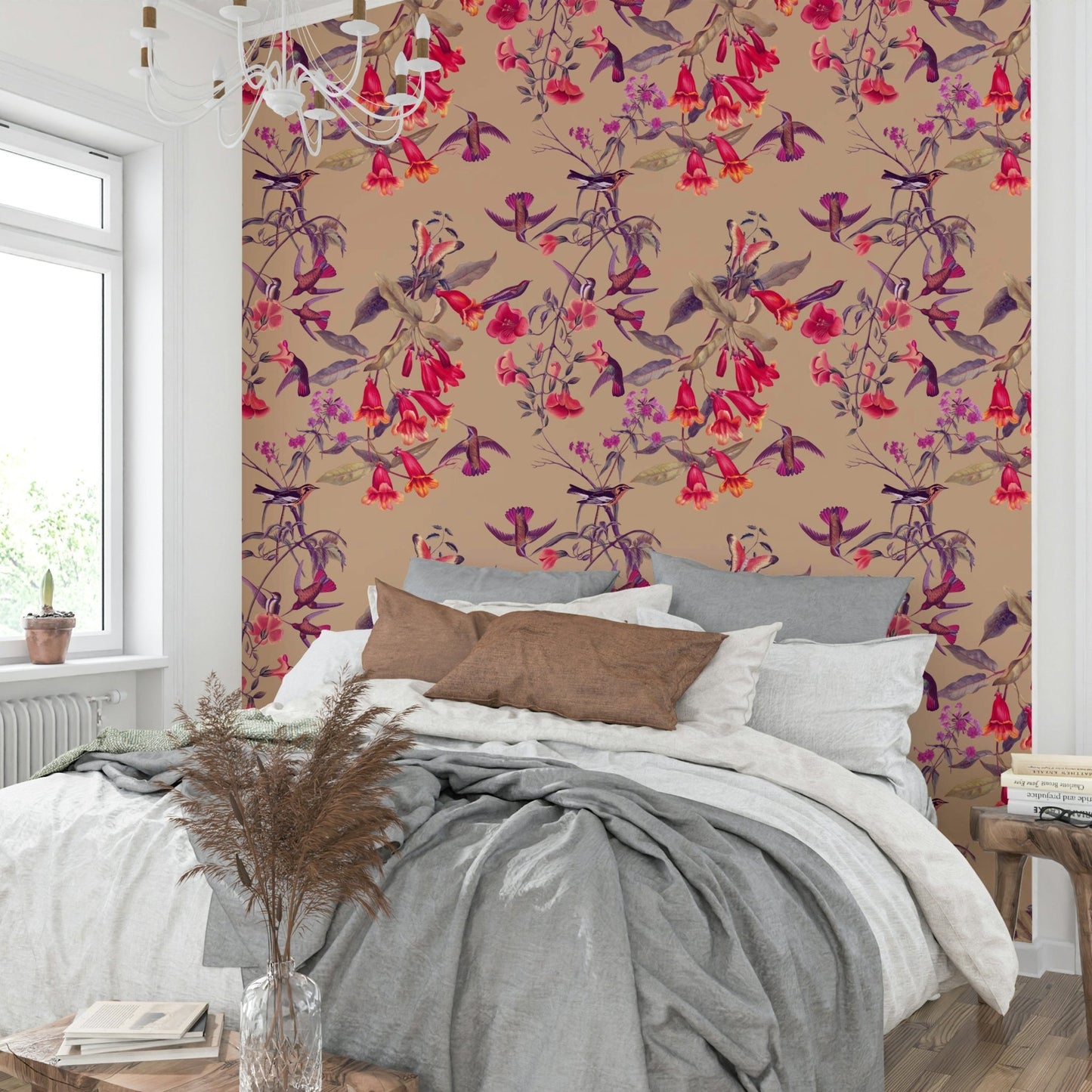 A graceful subtle bloom wall mural in cool, natural tones.

