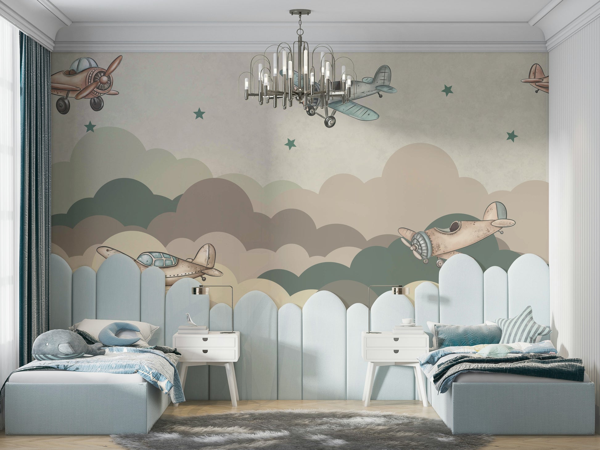 A playful wall mural with a gentle aviation design.

