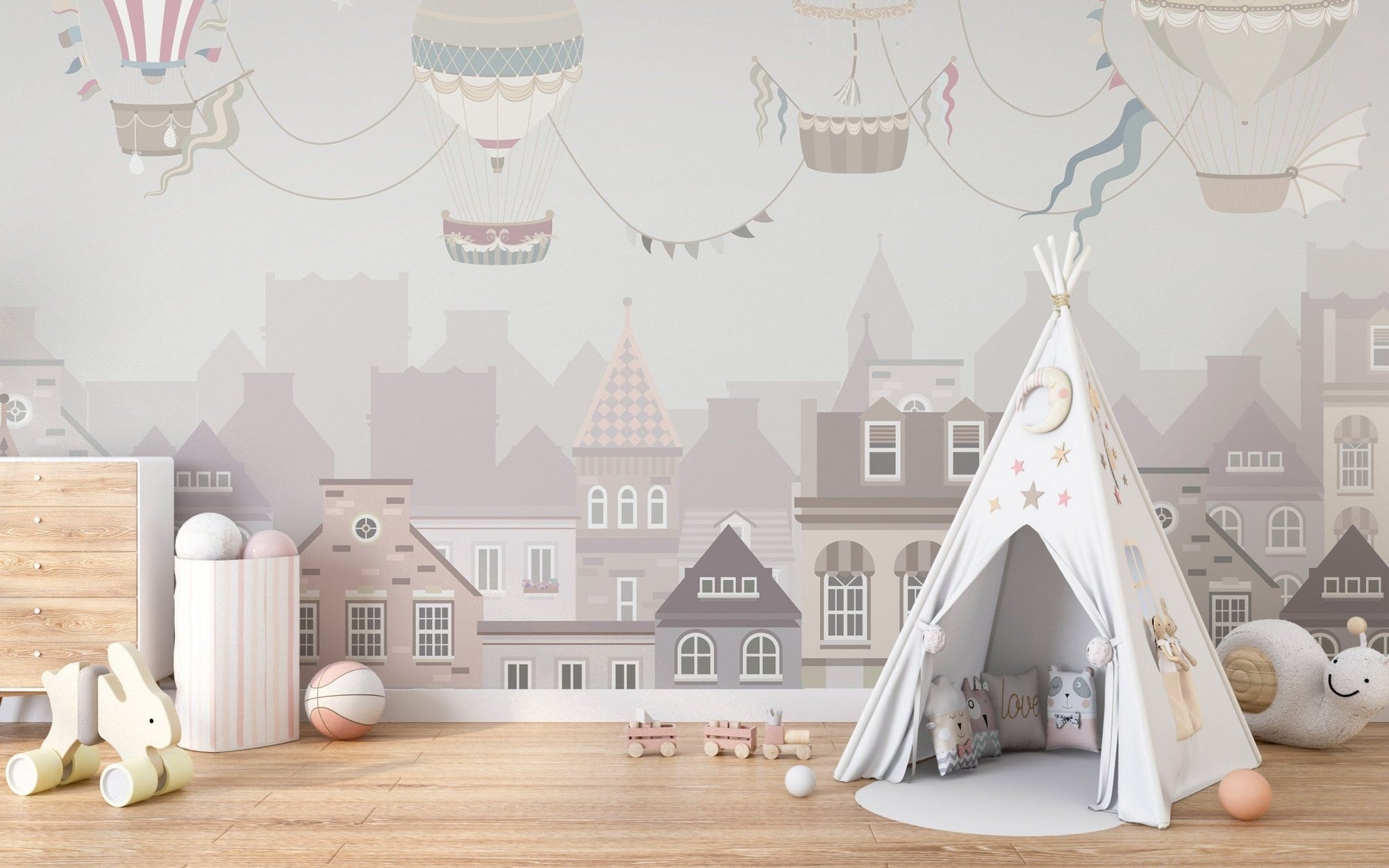 Vintage balloon city wallpaper for kids' rooms, C66