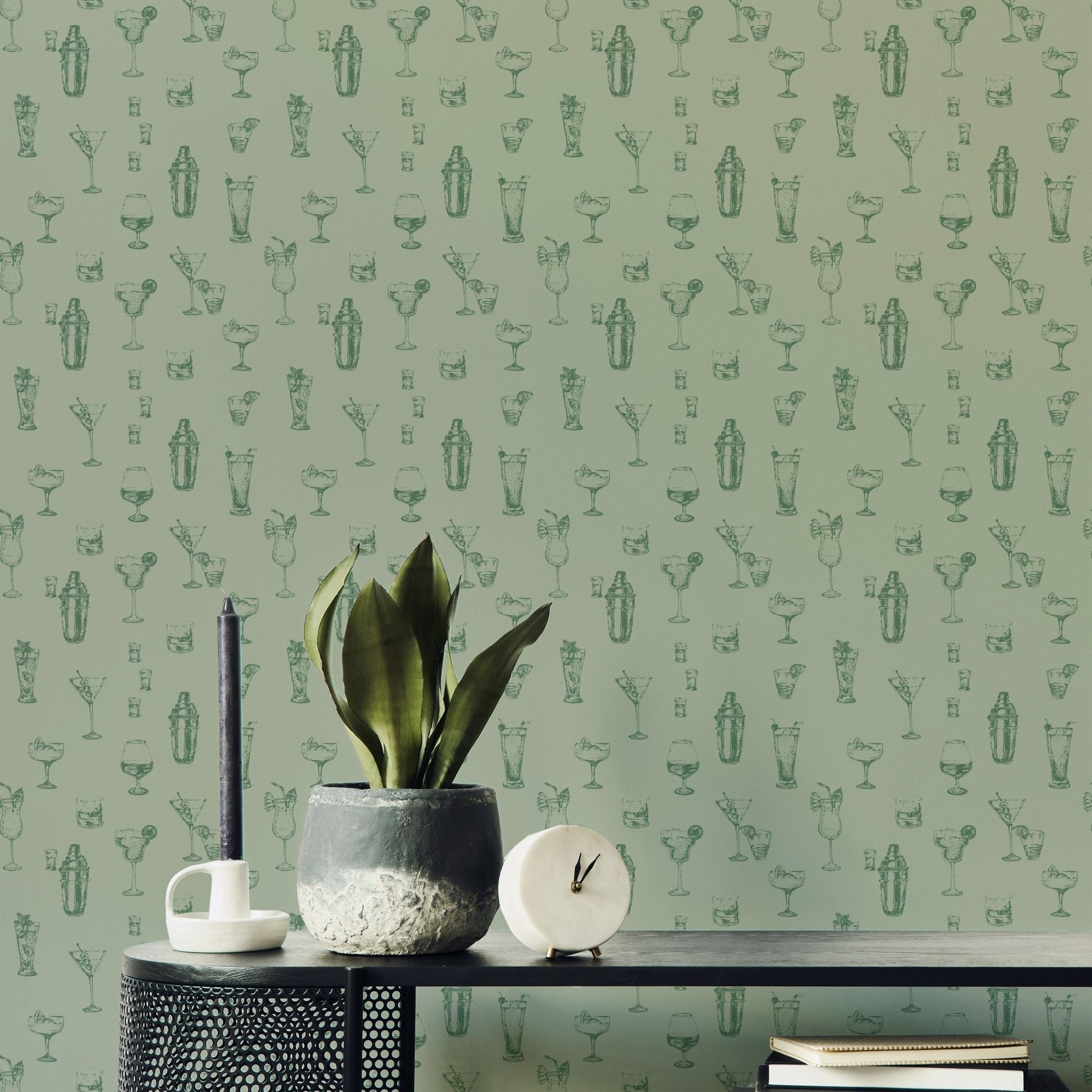 Sketch-style bar decor wallpaper in retro tones

