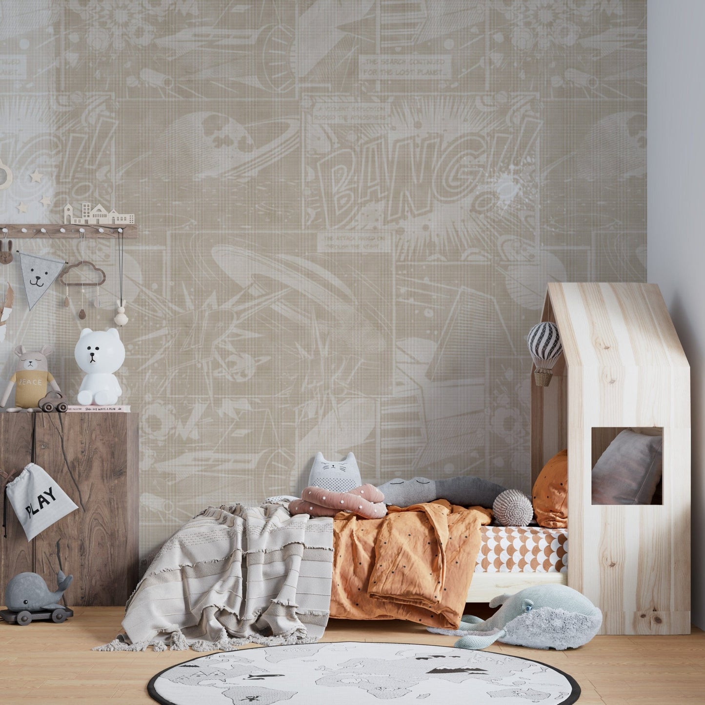 Muted sci-fi comic panel wall decor
