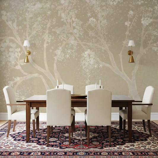 Vintage Biege Sakura Wall Mural behind a dining table with ivory chairs