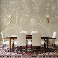 Vintage Biege Sakura Wall Mural behind a dining table with ivory chairs, GD8927