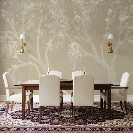 Vintage Biege Sakura Wall Mural behind a dining table with ivory chairs, GD8927