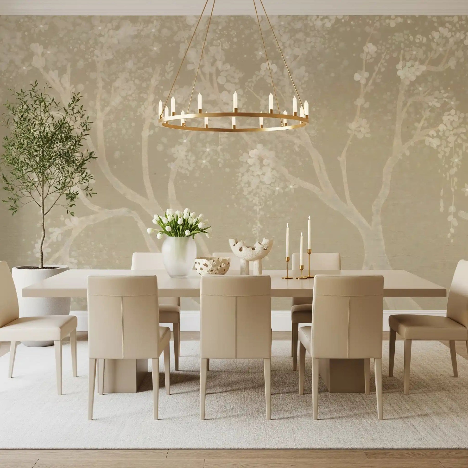 Vintage Biege Sakura Wall Mural framing a bright dining nook with neutral chairs, GD8927