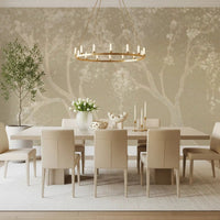 Vintage Biege Sakura Wall Mural framing a bright dining nook with neutral chairs, GD8927