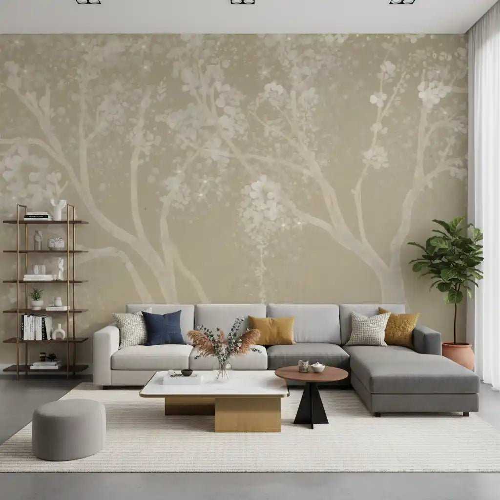 lounge with Vintage Biege Sakura Wall Mural and low modular seating, GD8927