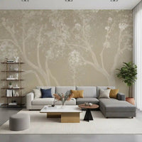 lounge with Vintage Biege Sakura Wall Mural and low modular seating, GD8927