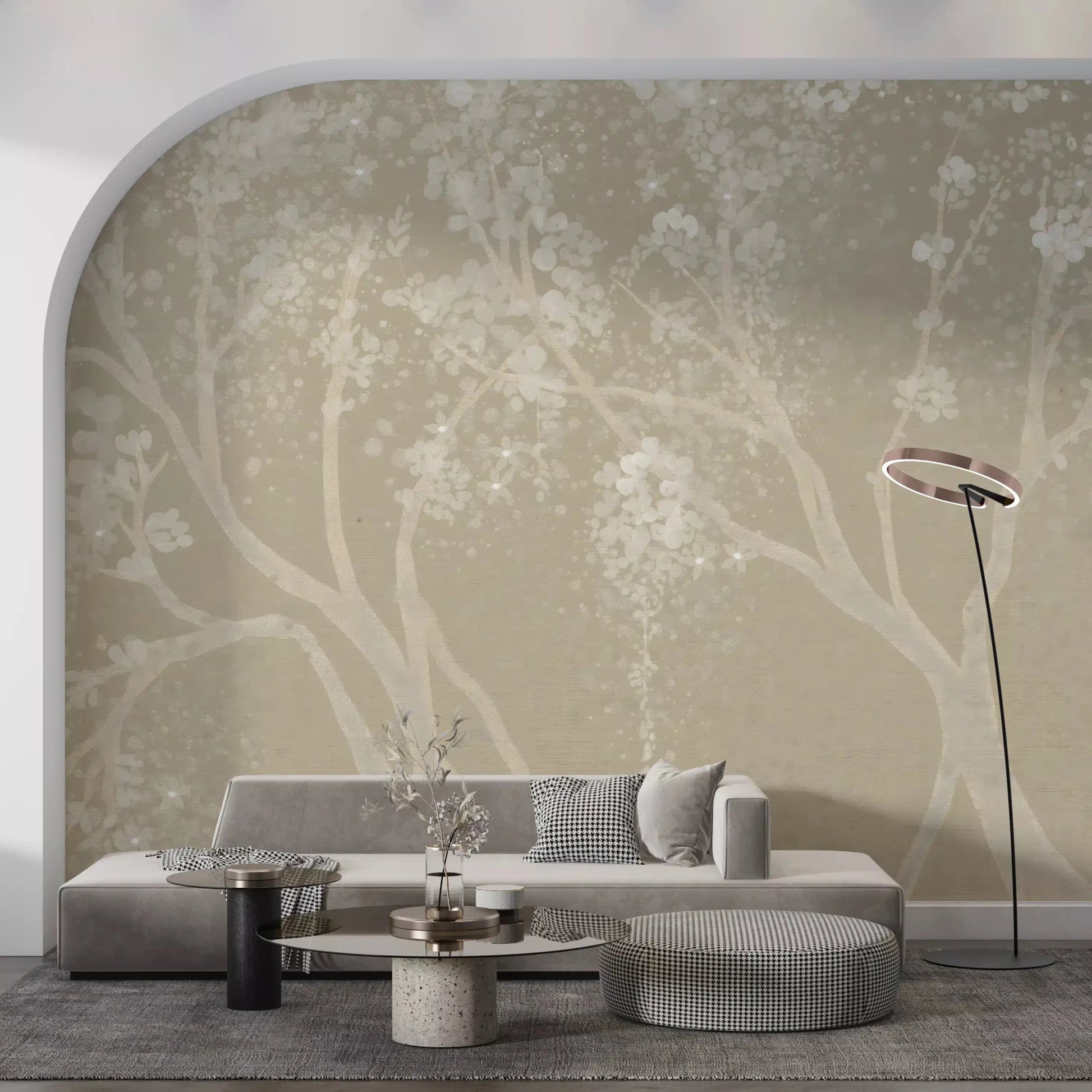 Vintage Biege Sakura Wall Mural set behind a grey sofa in a calm lounge, GD8927