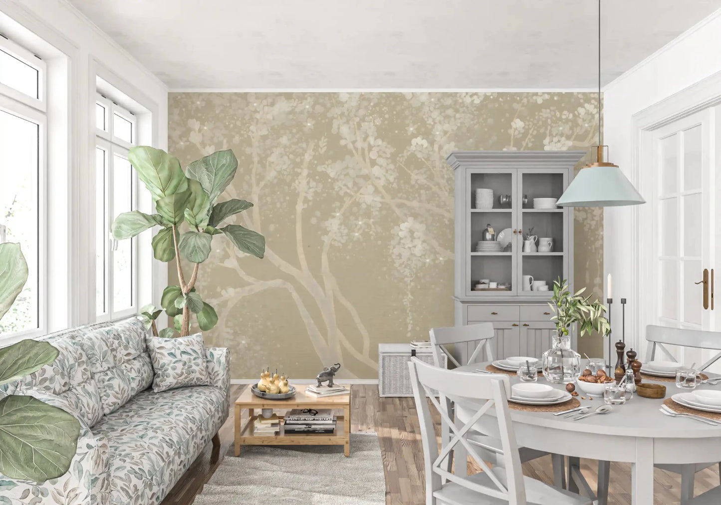 Open dining area featuring Vintage Biege Sakura Wall Mural on a light-filled wall, GD8927