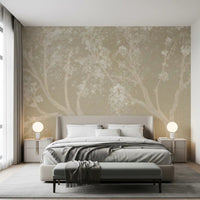 Restful bedroom with Vintage Biege Sakura Wall Mural and layered cream bedding, GD8927