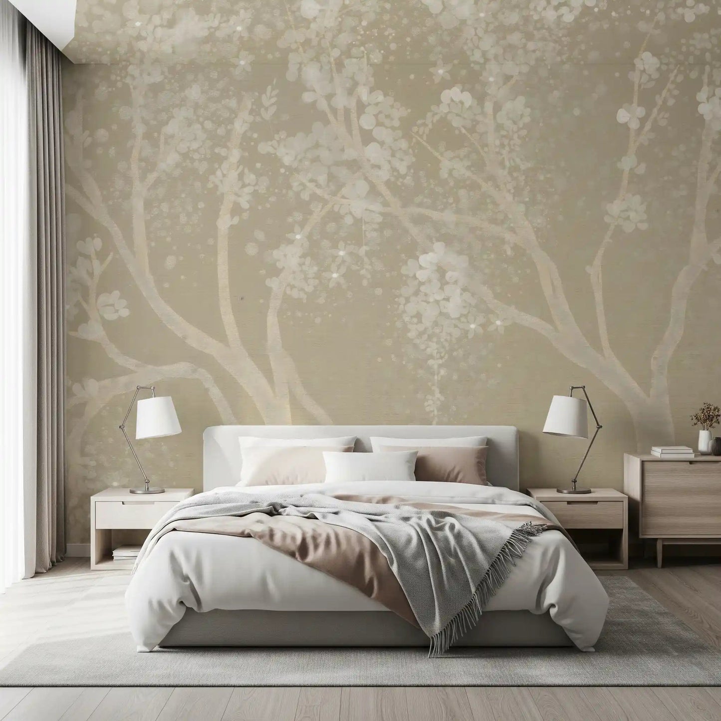 Soft bedroom styled with Vintage Biege Sakura Wall Mural above the headboard, GD8927