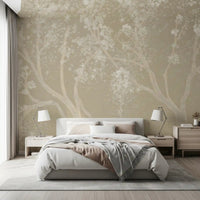 Soft bedroom styled with Vintage Biege Sakura Wall Mural above the headboard, GD8927