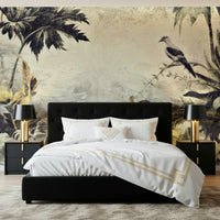 A peaceful bird and flower design mural on decorative wallpaper.