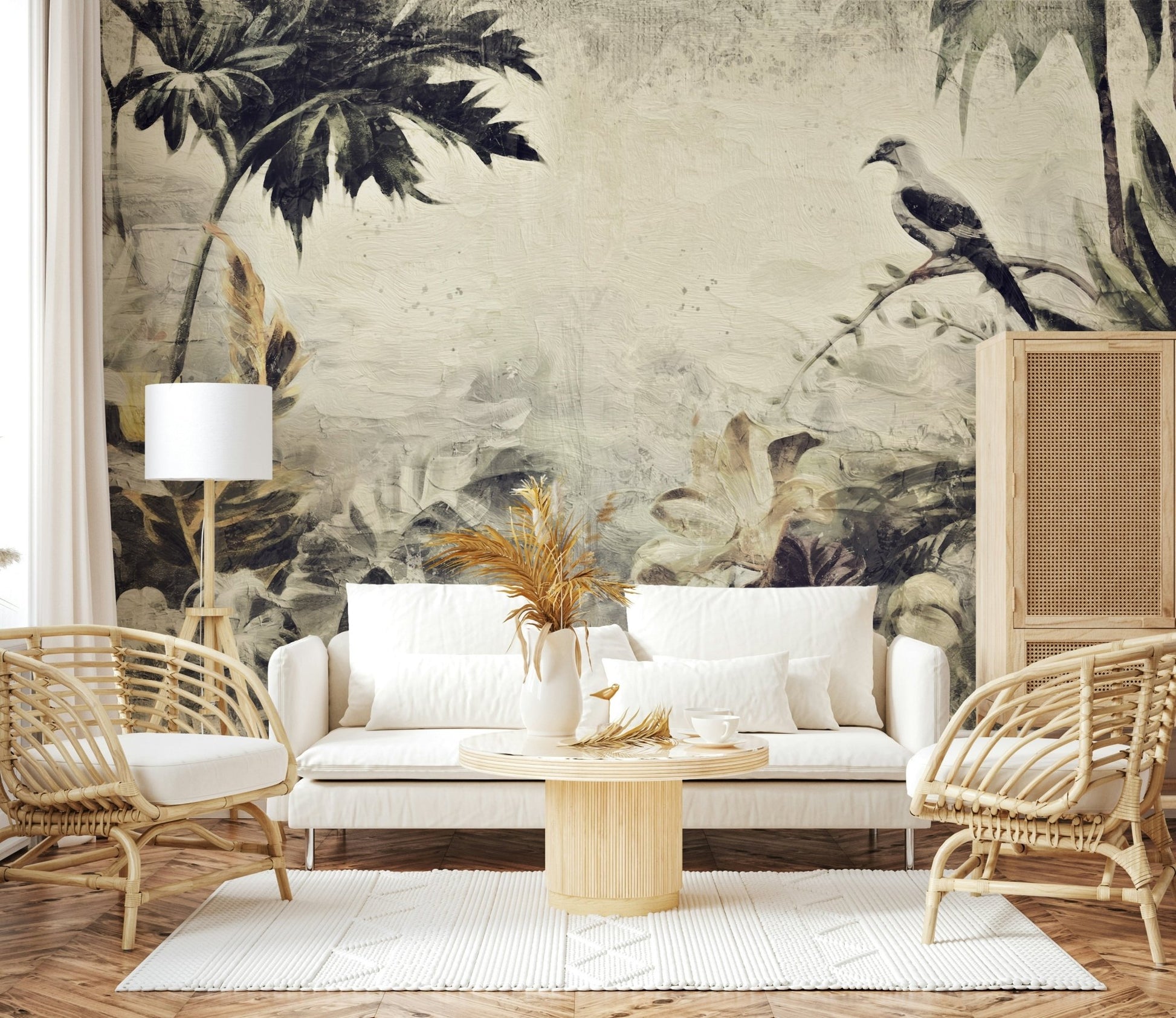 A serene subtle floral and aviary wall mural for elegant decor.