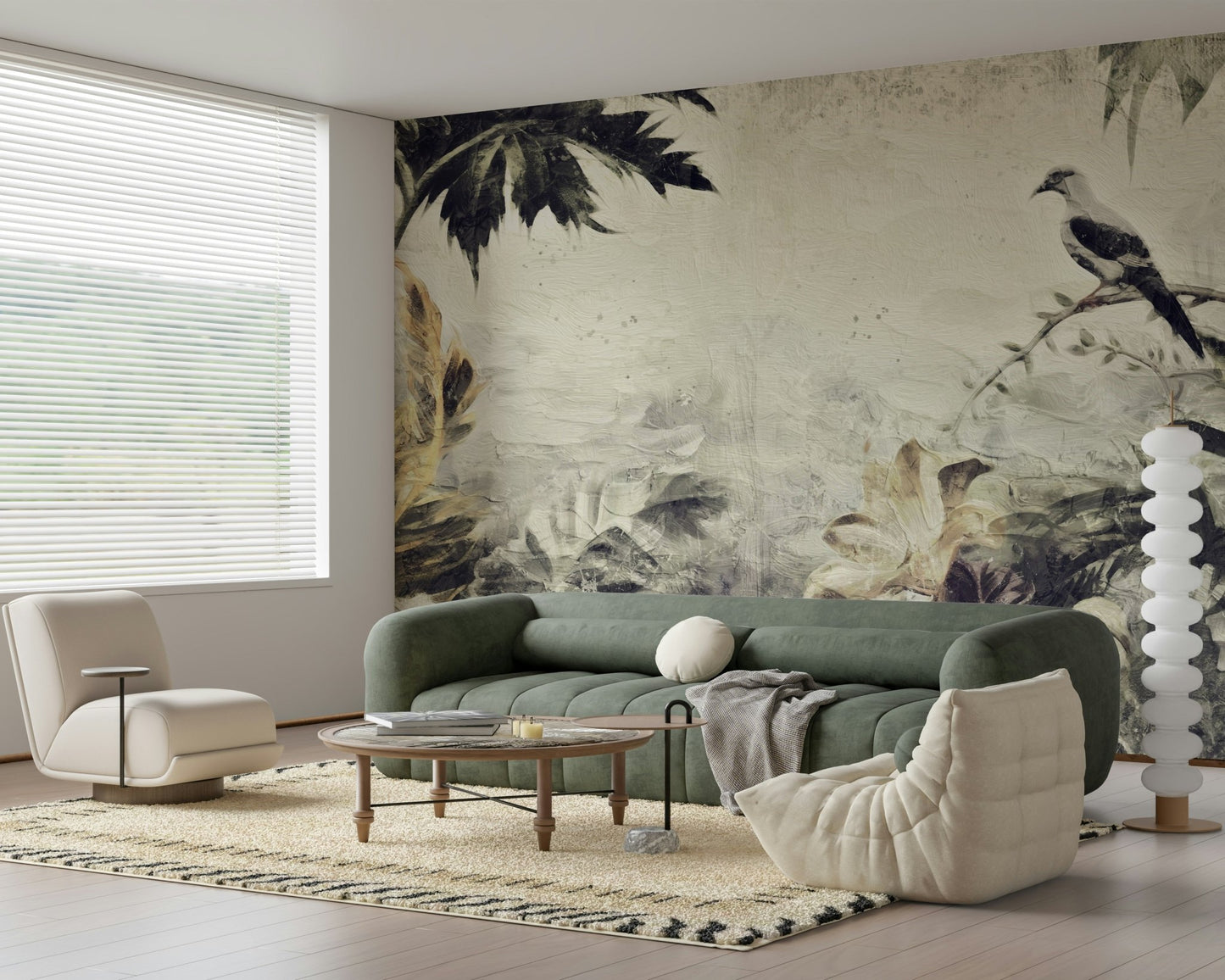 A contemplative gentle design wallpaper mural for a feature wall, evoking a historic tapestry.