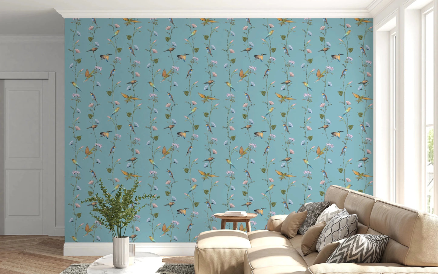 This window-side nook feels fresher with Botanical Birds in Soft Pastels Wallpaper