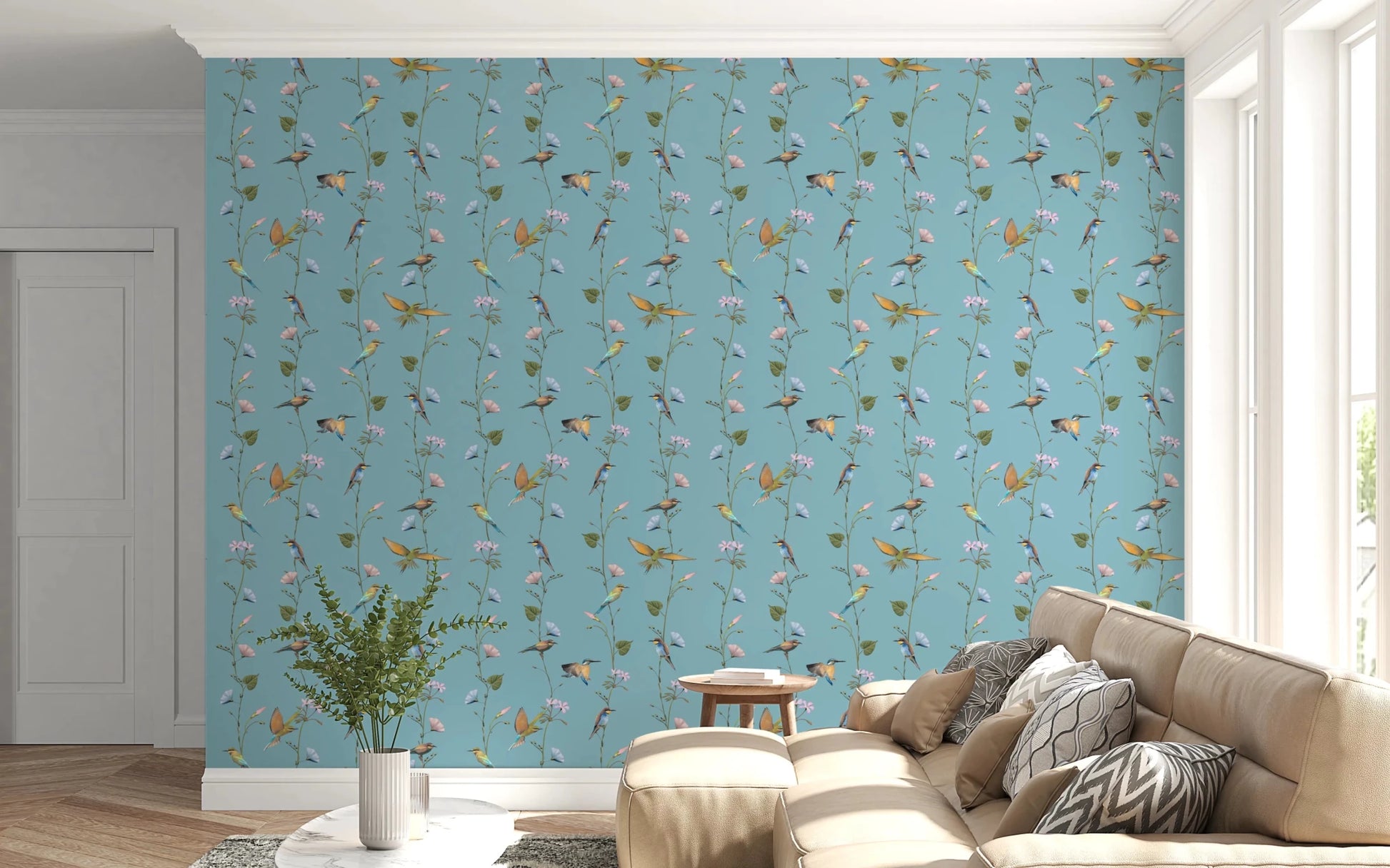 This window-side nook feels fresher with Botanical Birds in Soft Pastels Wallpaper