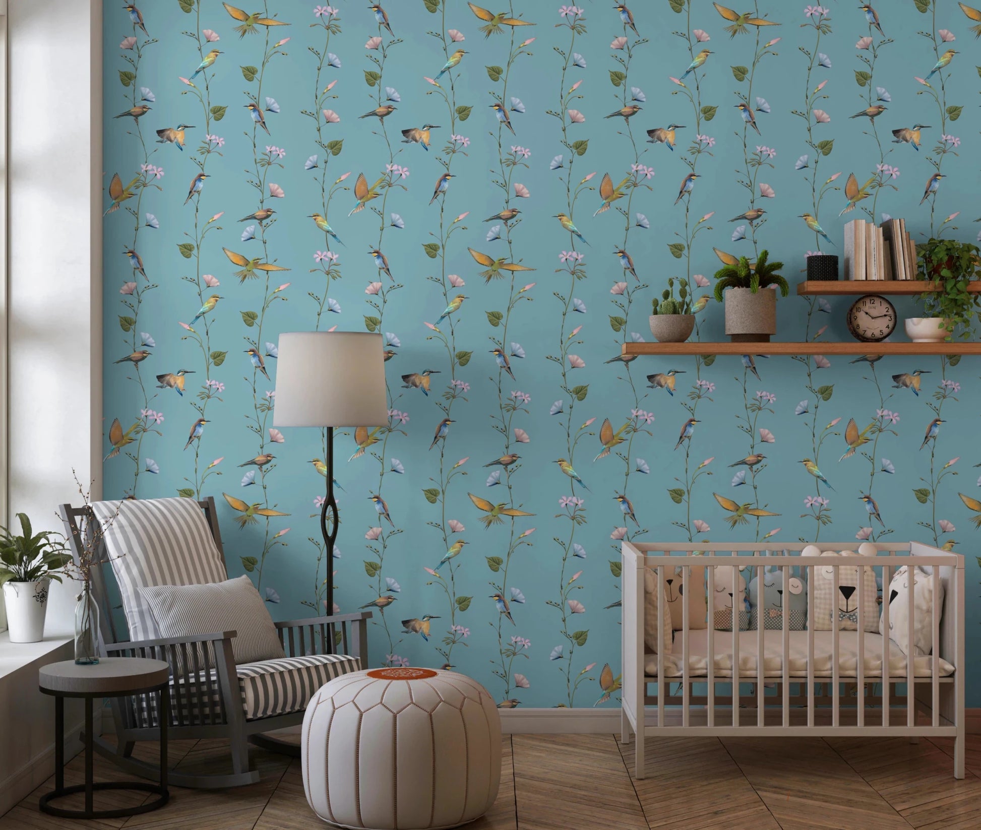 Nursery styling sits beautifully against Botanical Birds in Soft Pastels Wallpaper