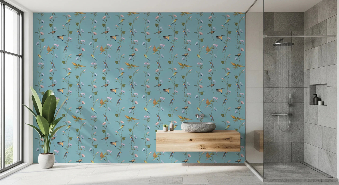 Bathroom area pair naturally with Botanical Birds in Soft Pastels Wallpaper