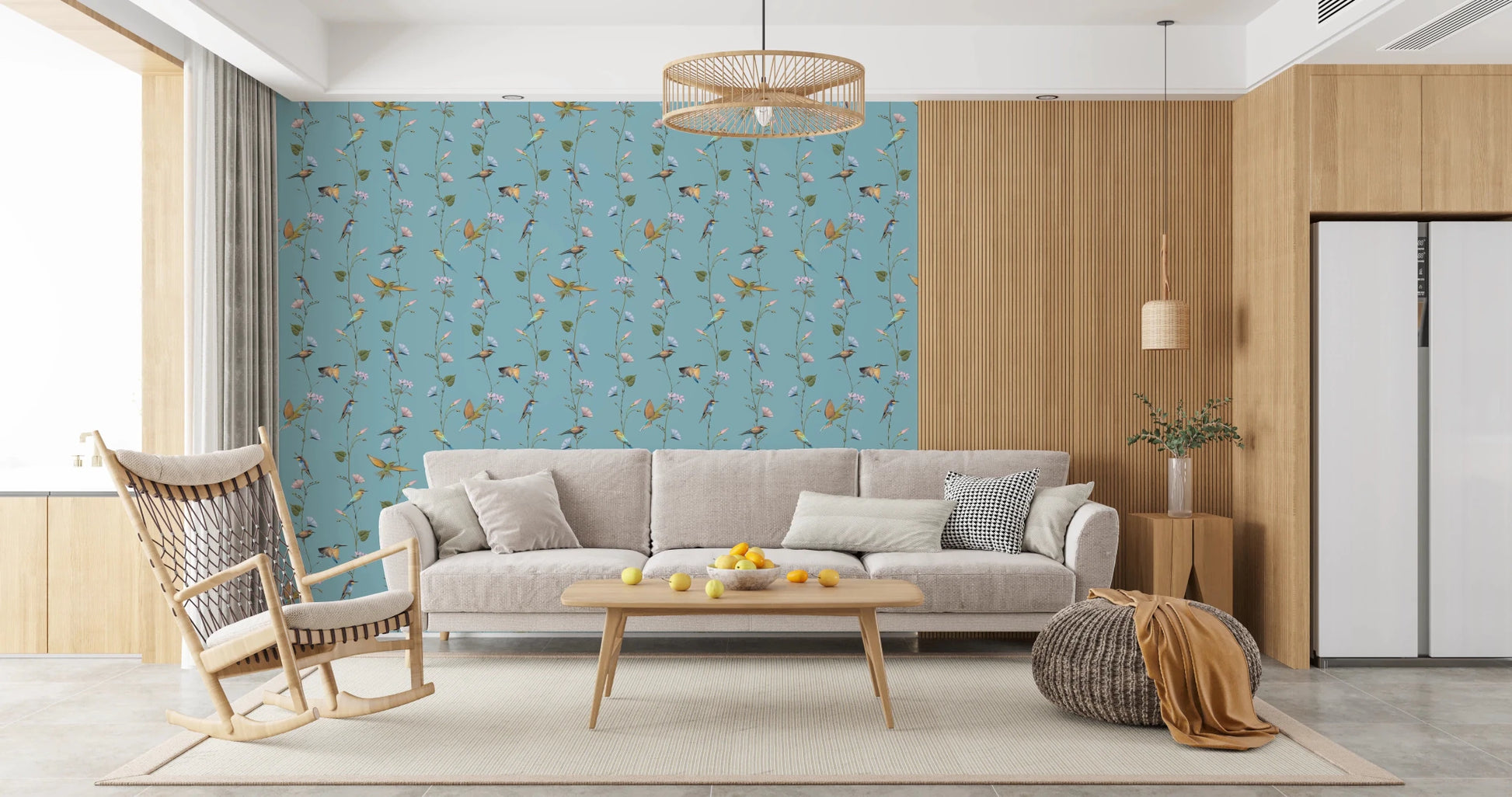 Botanical Birds in Soft Pastels Wallpaper brightens this sitting area with subtle movement