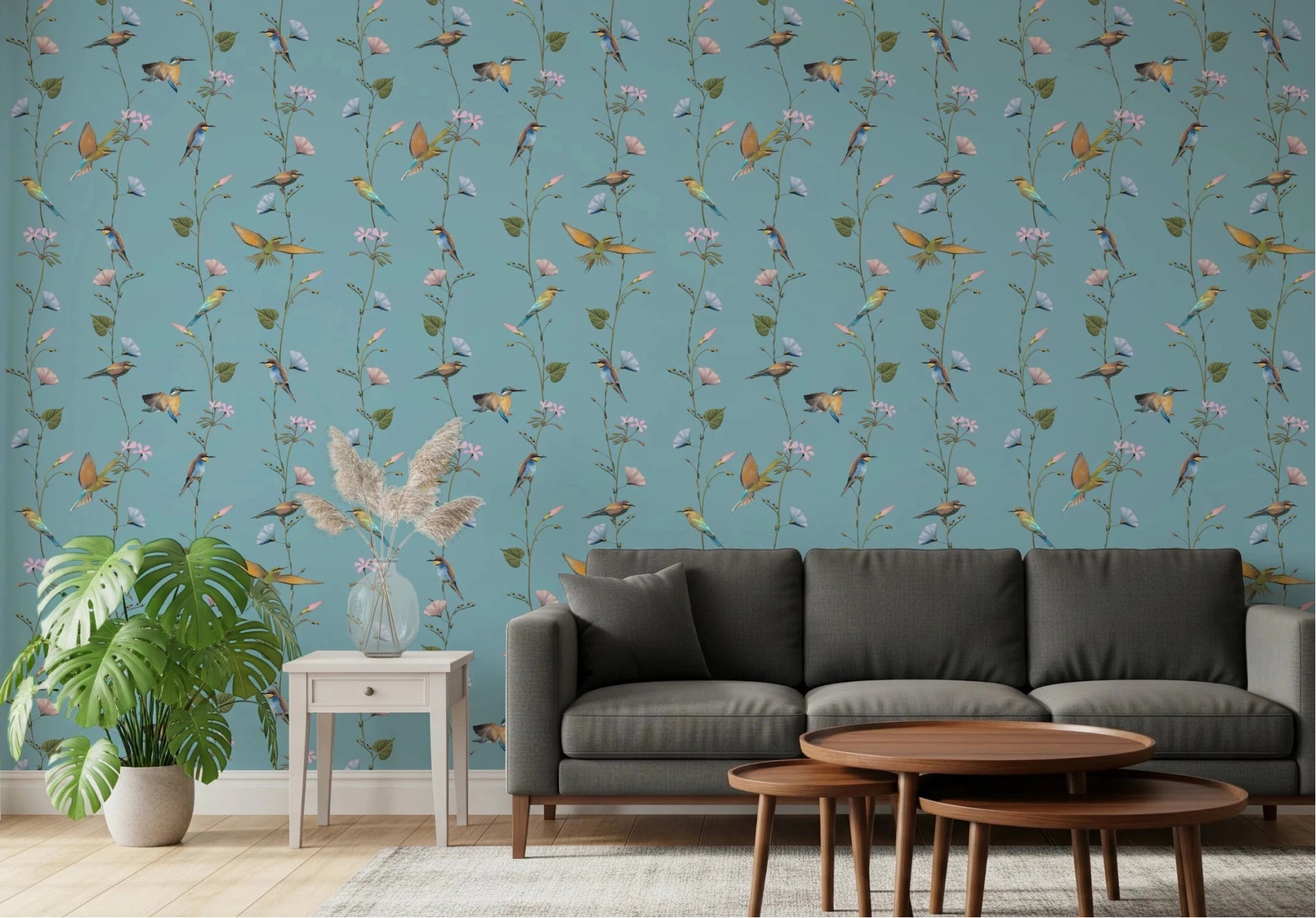 Botanical Birds in Soft Pastels Wallpaper adds a gentle backdrop to this modern lounge, GD8660