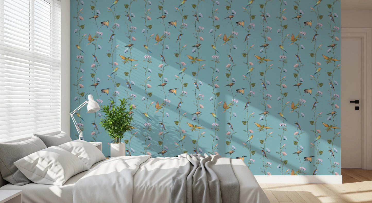 A restful bedroom feels lighter with Botanical Birds in Soft Pastels Wallpaper