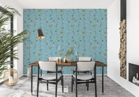 Black dining chairs stand out softly against Botanical Birds in Soft Pastels Wallpaper