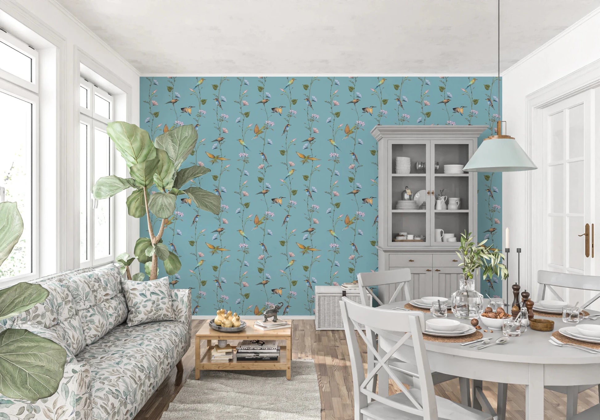 Daylight softens this dining corner with Botanical Birds in Soft Pastels Wallpaper