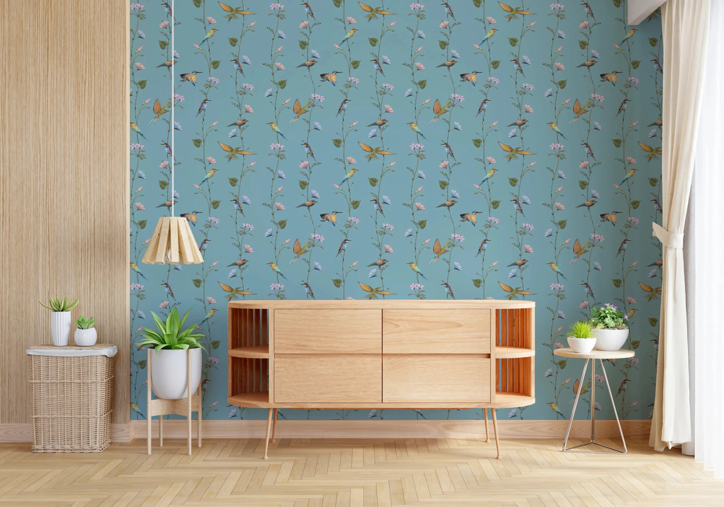 Botanical Birds in Soft Pastels Wallpaper brings airy bird detail to this console 
