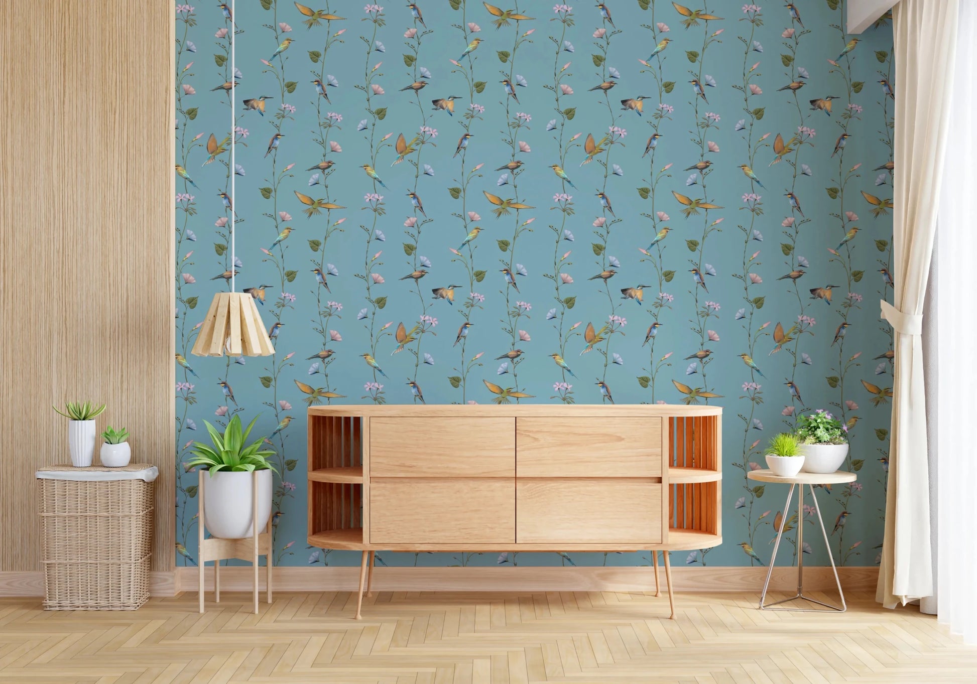 Botanical Birds in Soft Pastels Wallpaper brings airy bird detail to this console 