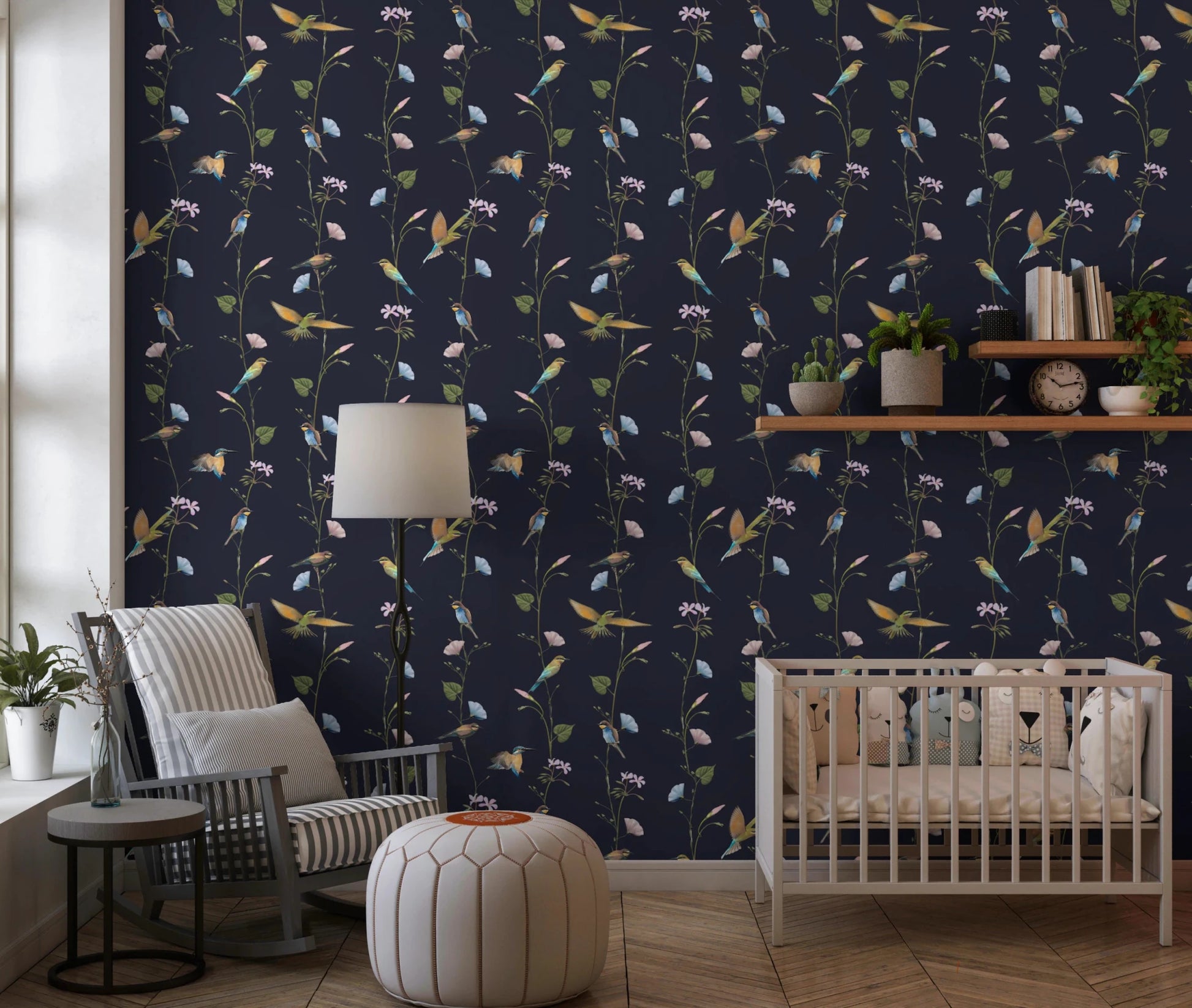 Nursery corner featuring Vintage Birds in Moonlit Garden Wallpaper