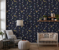 Nursery corner featuring Vintage Birds in Moonlit Garden Wallpaper