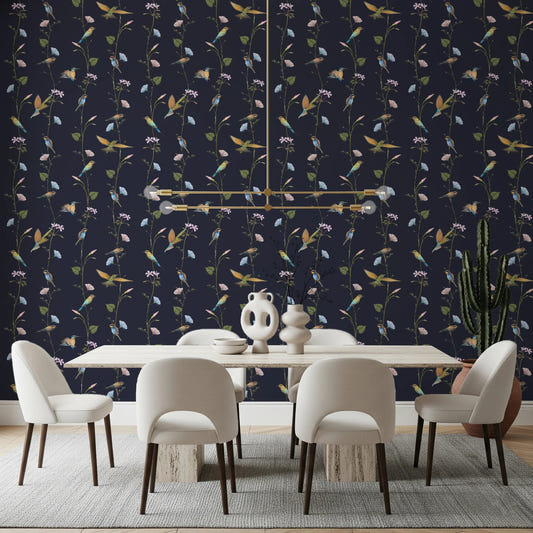 Soft Dining styled in Vintage Birds in Moonlit Garden Wallpaper