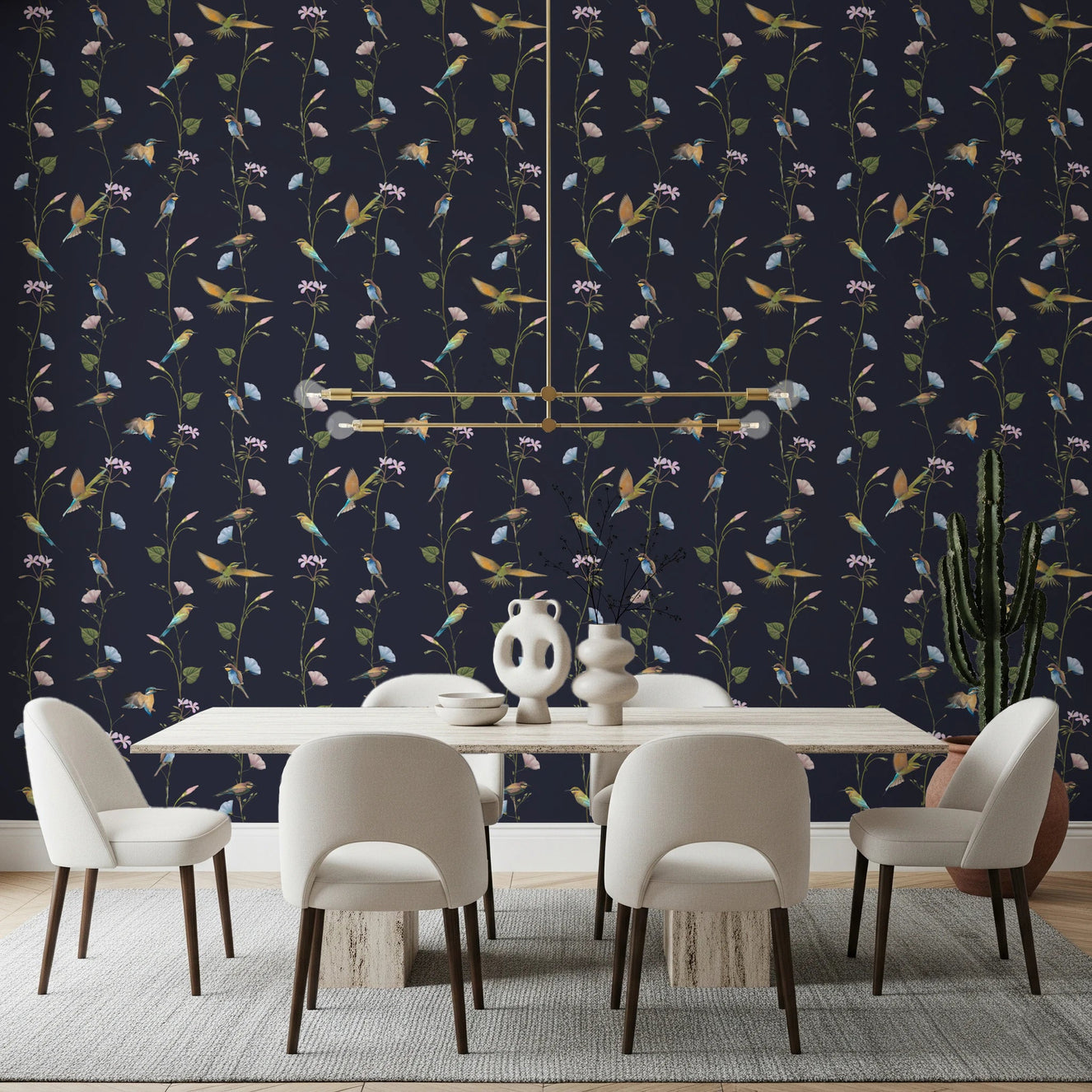 Soft Dining styled in Vintage Birds in Moonlit Garden Wallpaper