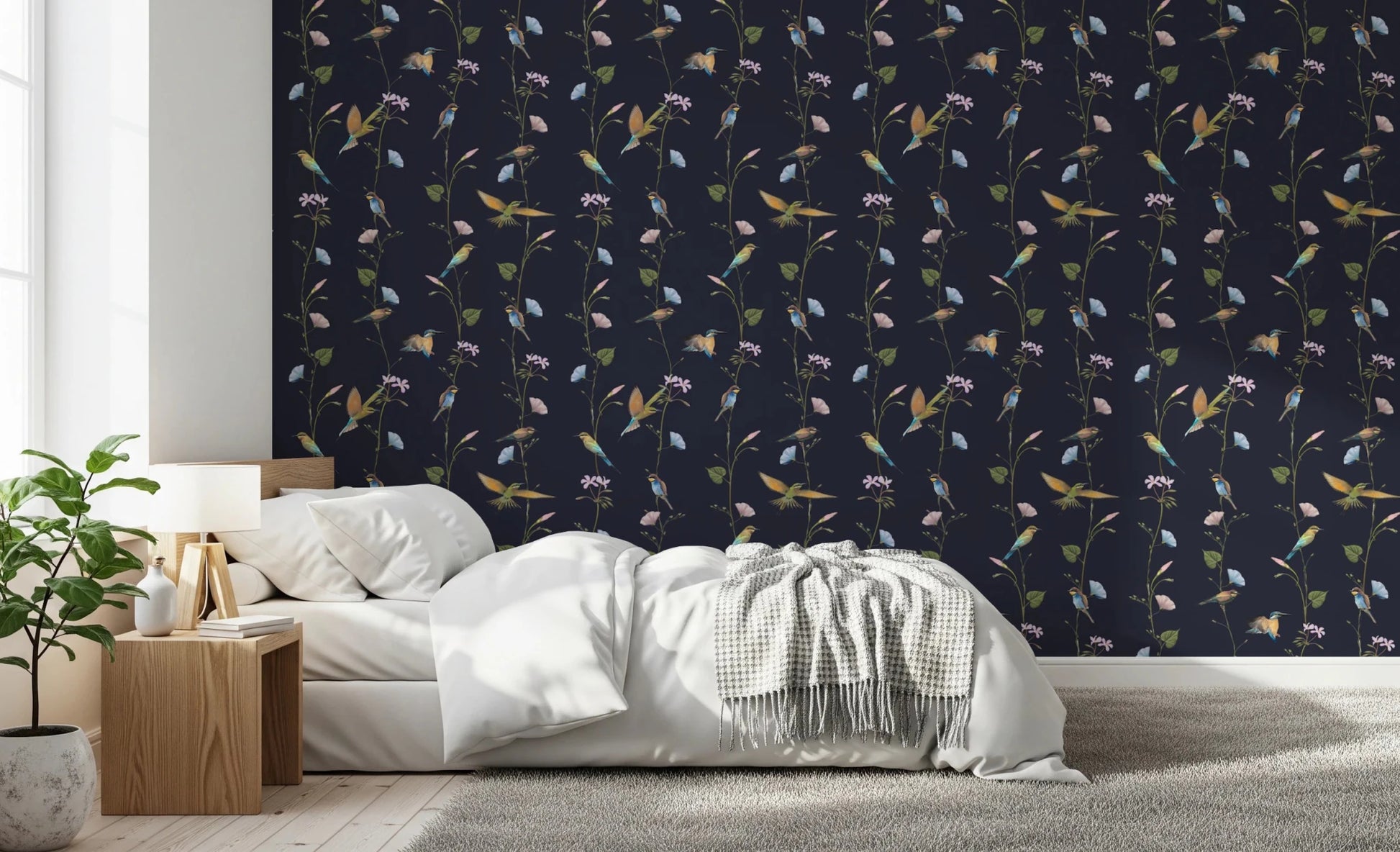 Open Bedroom using Vintage Birds in Moonlit Garden Wallpaper