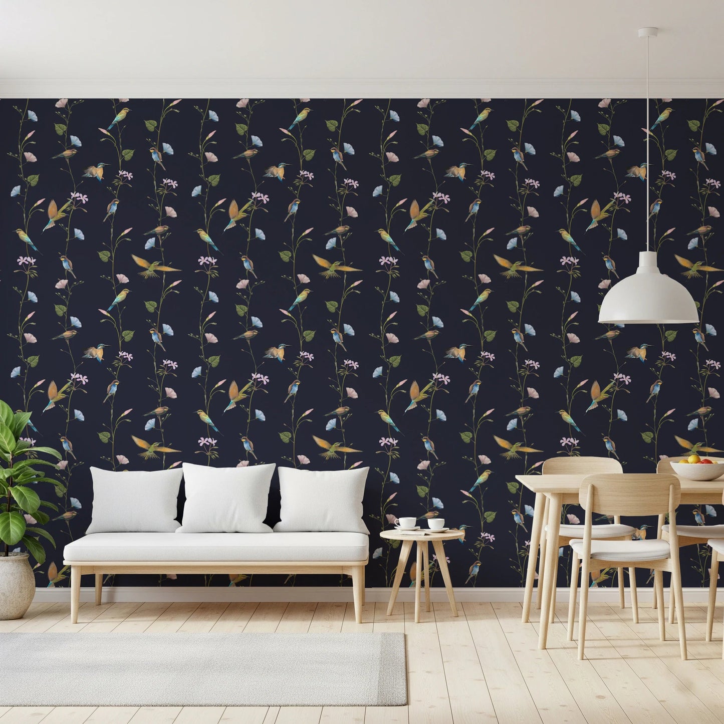 Minimal dining area with Vintage Birds in Moonlit Garden Wallpaper
