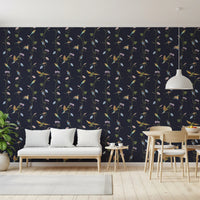 Minimal dining area with Vintage Birds in Moonlit Garden Wallpaper