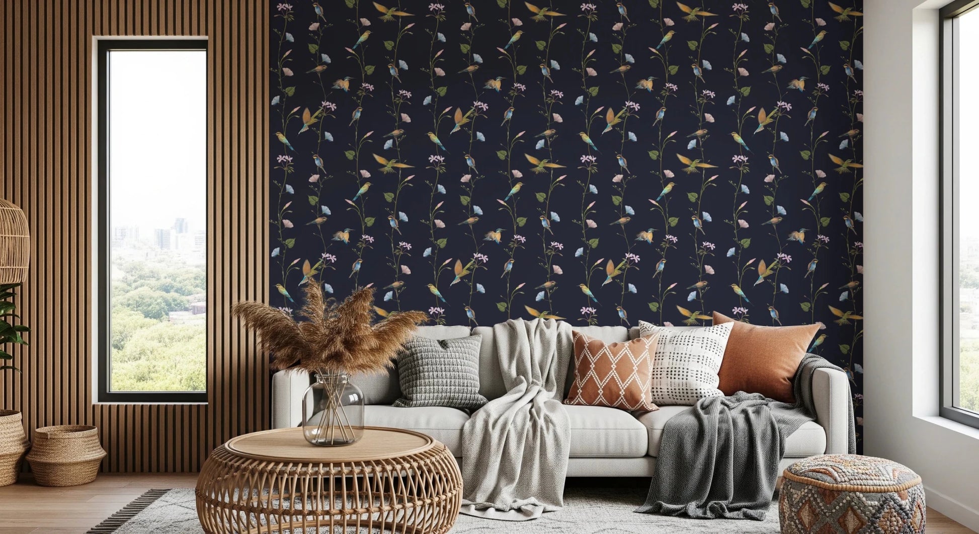 Cozy living room in Vintage Birds in Moonlit Garden Wallpaper
