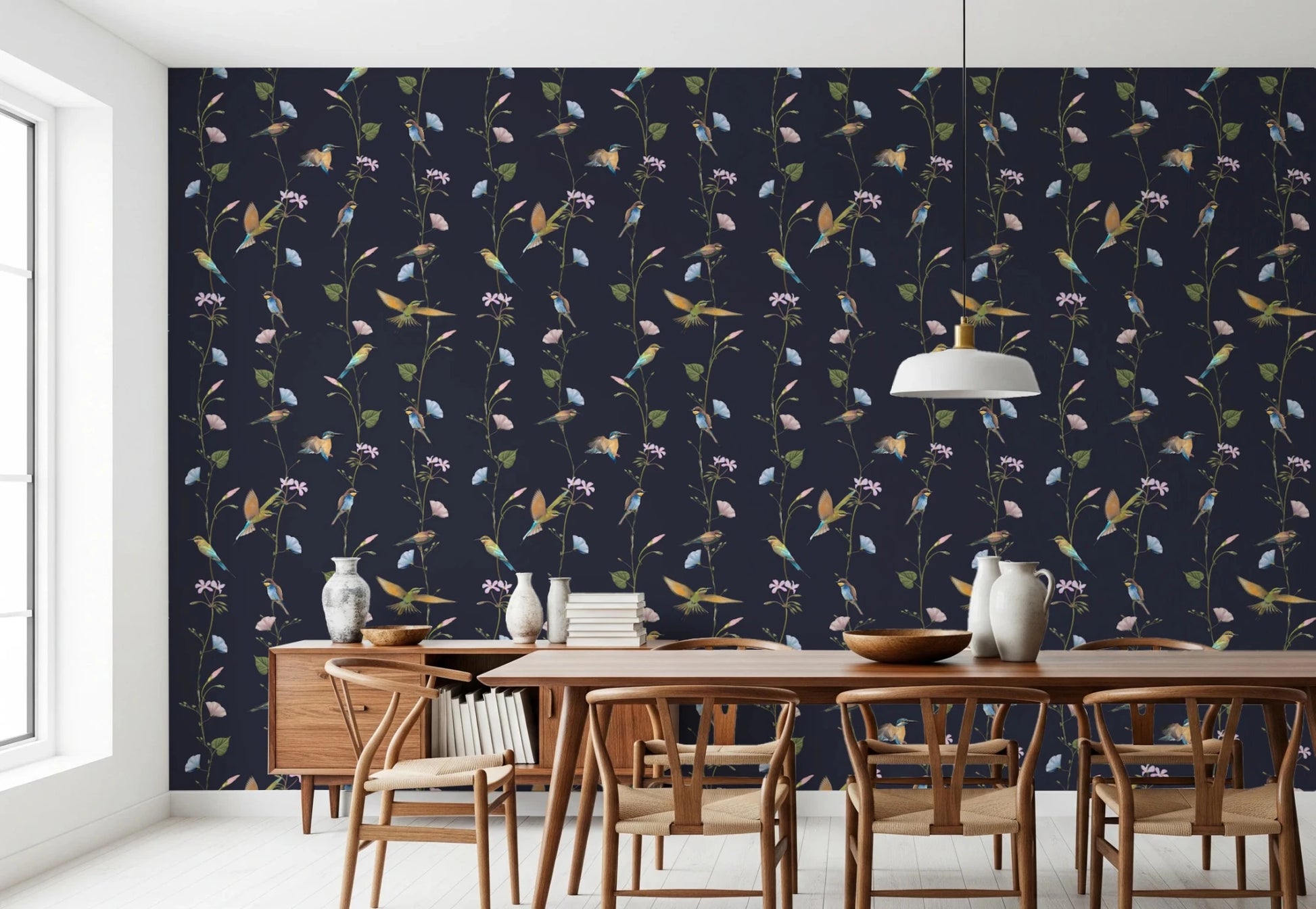 Dining room Pattern detail of Vintage Birds in Moonlit Garden Wallpaper